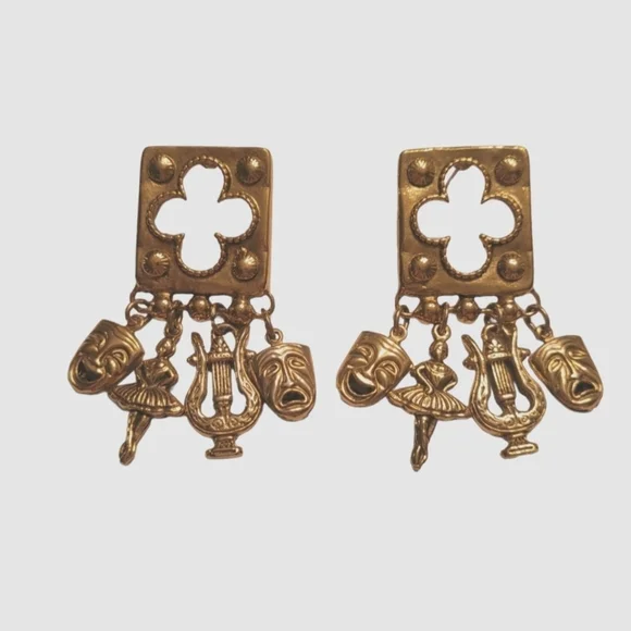 Vintage - Gold Theater Inspired Charm Statement Earrings - Picture 2 of 3